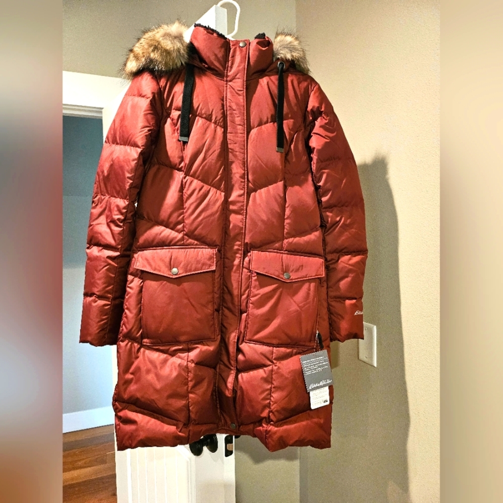 Eddie Bauer Women's Red Quilted Parka with Faux Fur Hood. New with Tag